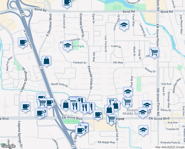map of restaurants, bars, coffee shops, grocery stores, and more near 8700 Thetford Court in Elk Grove