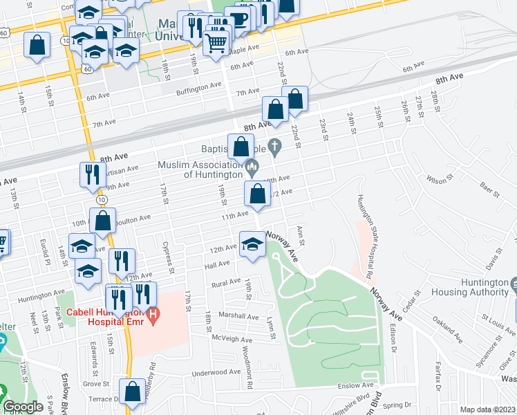 map of restaurants, bars, coffee shops, grocery stores, and more near 1040 20th Street in Huntington