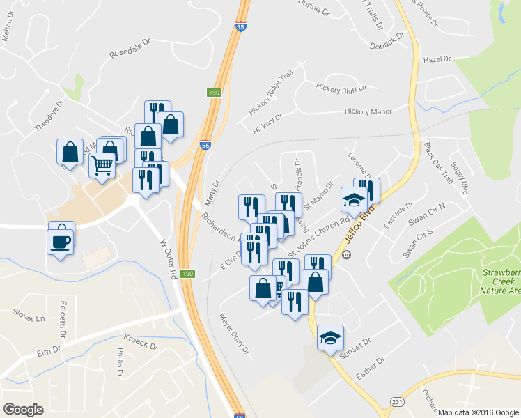 map of restaurants, bars, coffee shops, grocery stores, and more near 3266 Richardson Place Road in Arnold