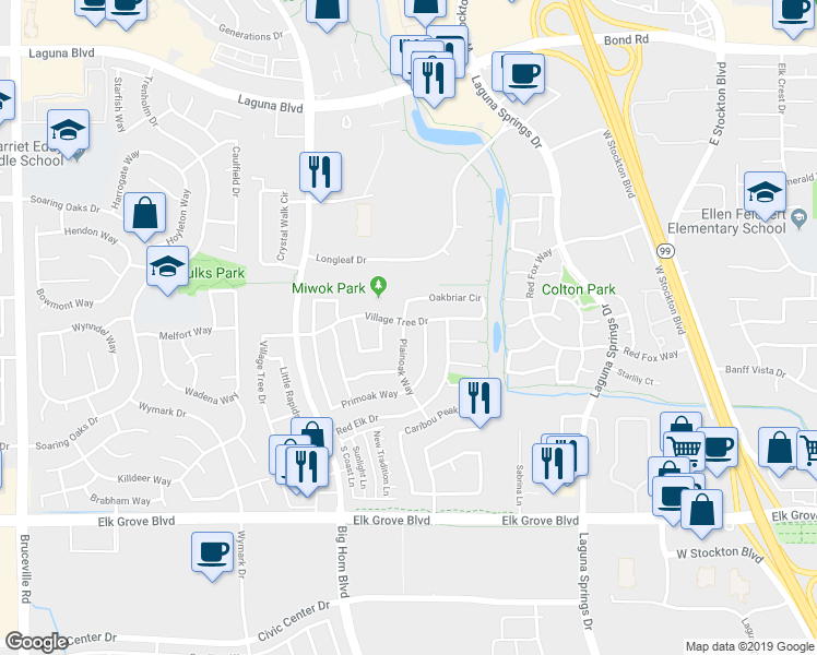 map of restaurants, bars, coffee shops, grocery stores, and more near 9425 Plainoak Way in Elk Grove