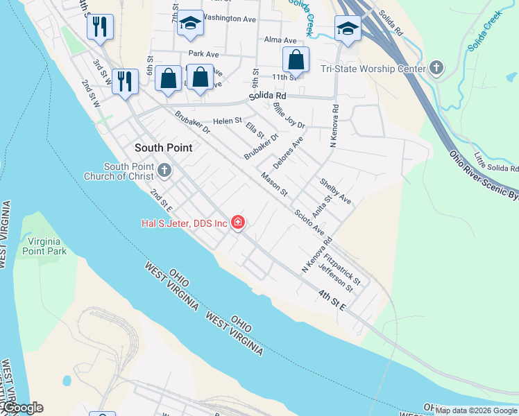 map of restaurants, bars, coffee shops, grocery stores, and more near 711 4th Street East in South Point