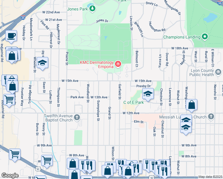 map of restaurants, bars, coffee shops, grocery stores, and more near 1318 Grand Street in Emporia