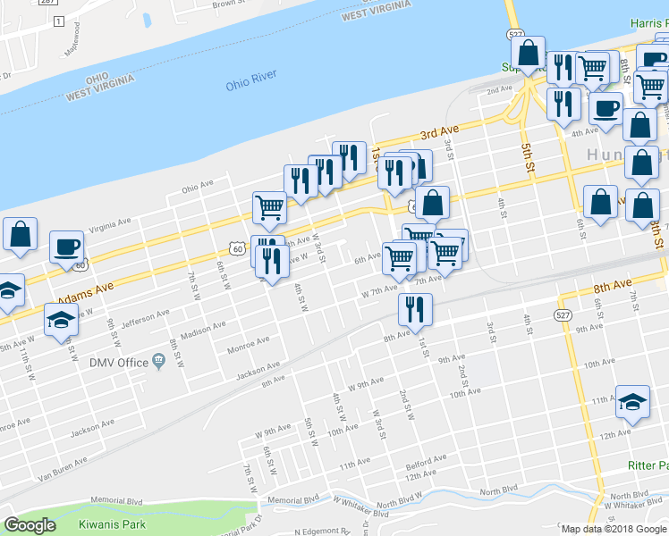 map of restaurants, bars, coffee shops, grocery stores, and more near 241 6th Avenue West in Huntington