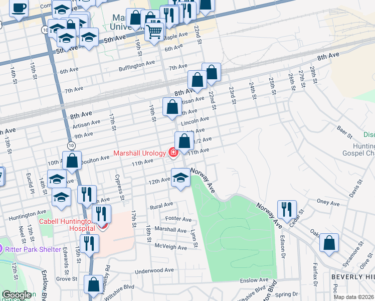 map of restaurants, bars, coffee shops, grocery stores, and more near 1037 20th Street in Huntington