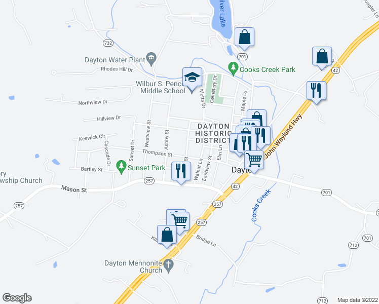 map of restaurants, bars, coffee shops, grocery stores, and more near 490 Thompson Street in Dayton