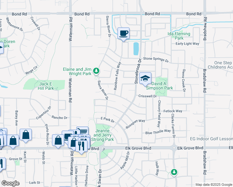 map of restaurants, bars, coffee shops, grocery stores, and more near 9421 Lyndley Plaza Way in Elk Grove
