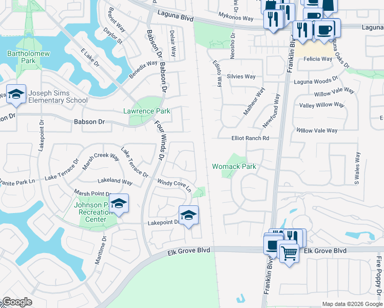 map of restaurants, bars, coffee shops, grocery stores, and more near 4110 Spindrifter Lane in Elk Grove