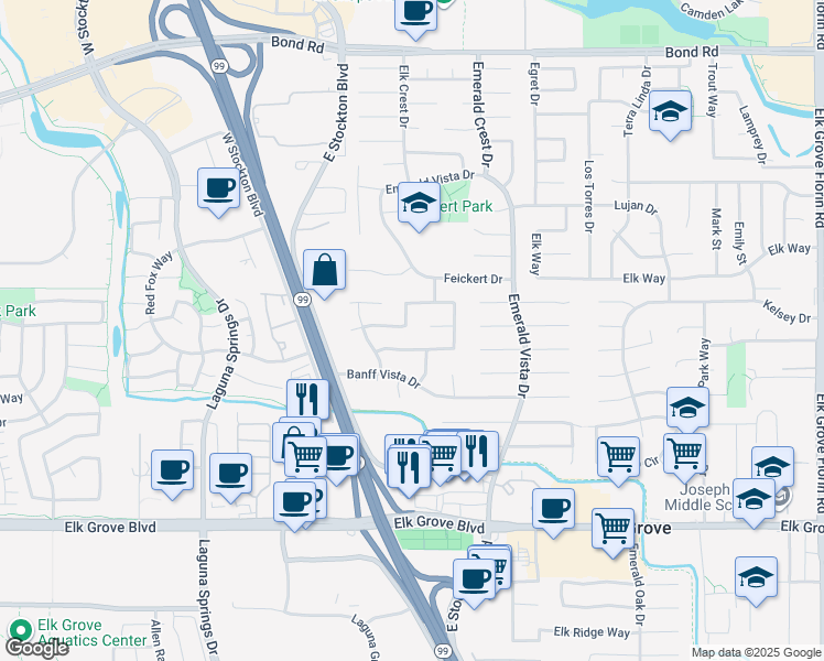 map of restaurants, bars, coffee shops, grocery stores, and more near 8532 Diamond Oak Way in Elk Grove