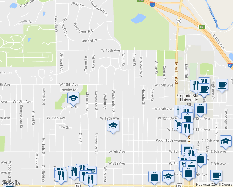 map of restaurants, bars, coffee shops, grocery stores, and more near 1402 Washington St in Emporia