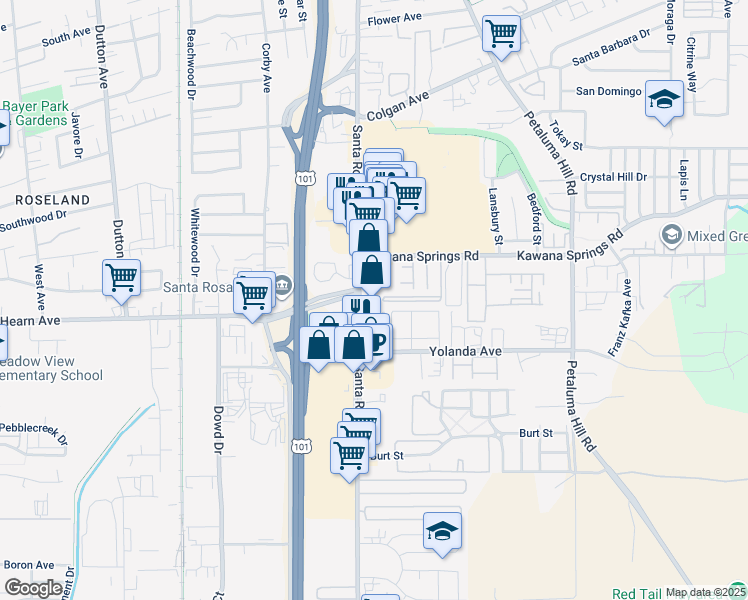 map of restaurants, bars, coffee shops, grocery stores, and more near 2460 Santa Rosa Avenue in Santa Rosa