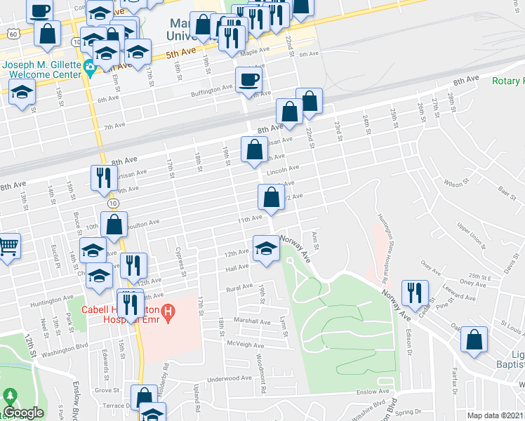 map of restaurants, bars, coffee shops, grocery stores, and more near 1037 20th Street in Huntington