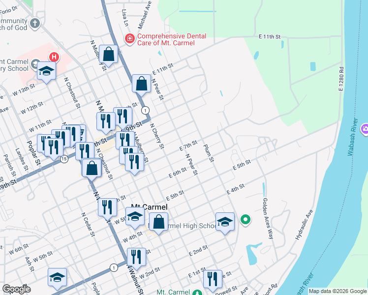 map of restaurants, bars, coffee shops, grocery stores, and more near 401 East 7th Street in Mount Carmel