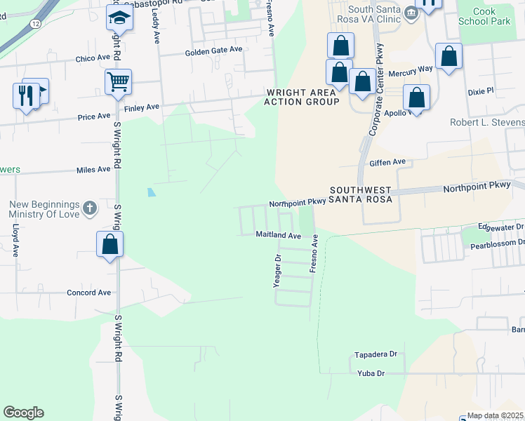 map of restaurants, bars, coffee shops, grocery stores, and more near 4203 Quimby Street in Santa Rosa
