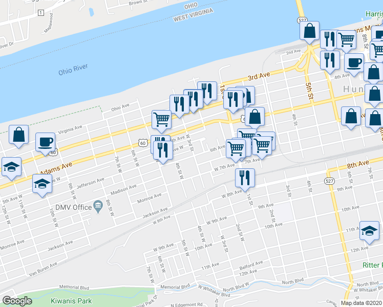map of restaurants, bars, coffee shops, grocery stores, and more near 302 6th Avenue West in Huntington
