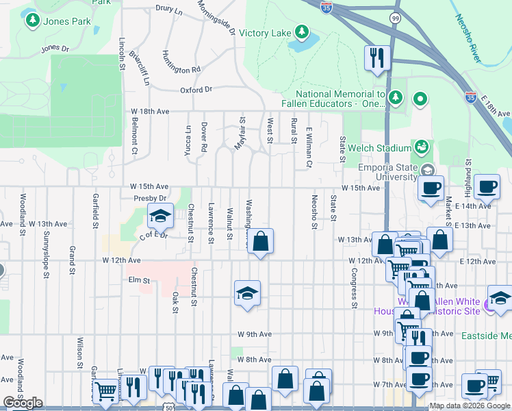 map of restaurants, bars, coffee shops, grocery stores, and more near 1402 Washington Street in Emporia