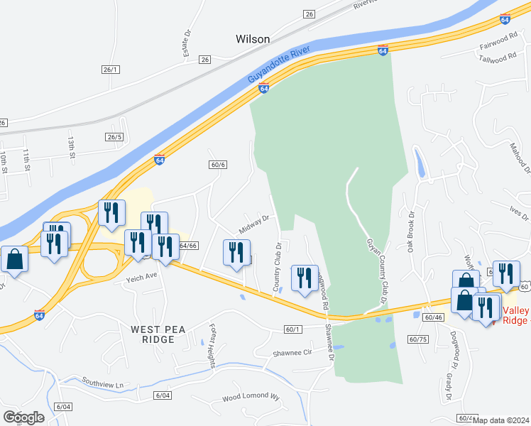 map of restaurants, bars, coffee shops, grocery stores, and more near 6019 Country Club Drive in Huntington