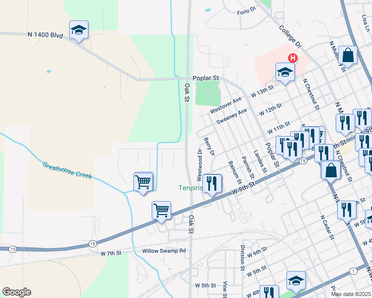 map of restaurants, bars, coffee shops, grocery stores, and more near 1203 Oak Street in Mount Carmel