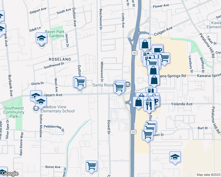 map of restaurants, bars, coffee shops, grocery stores, and more near 2560 Kenton Court in Santa Rosa