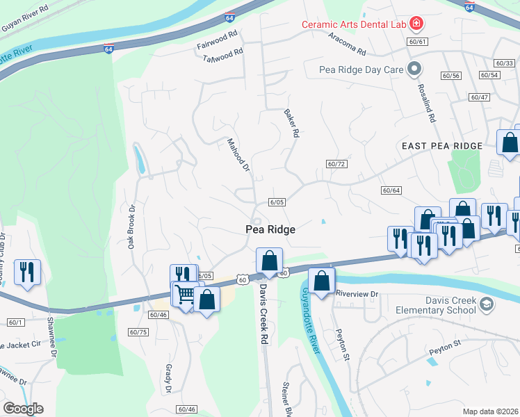 map of restaurants, bars, coffee shops, grocery stores, and more near 5911 East Pea Ridge Road in Huntington