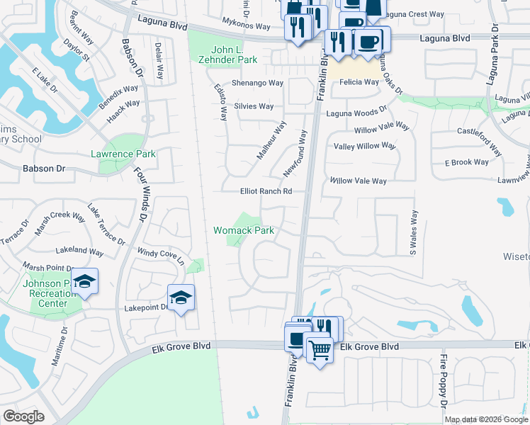 map of restaurants, bars, coffee shops, grocery stores, and more near 9421 Silver Bridle Way in Elk Grove