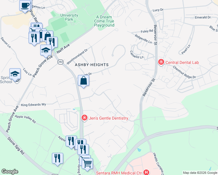 map of restaurants, bars, coffee shops, grocery stores, and more near 1157 Springfield Drive in Harrisonburg