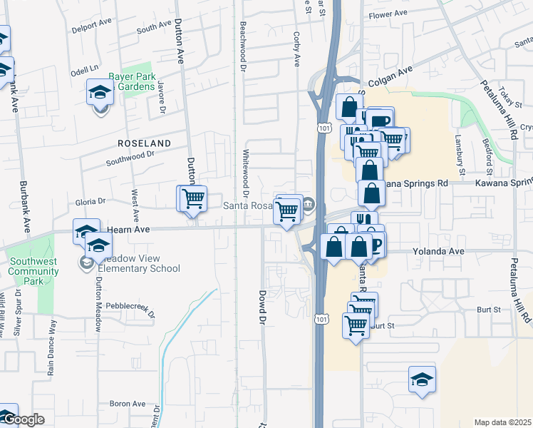 map of restaurants, bars, coffee shops, grocery stores, and more near 2560 Kenton Court in Santa Rosa