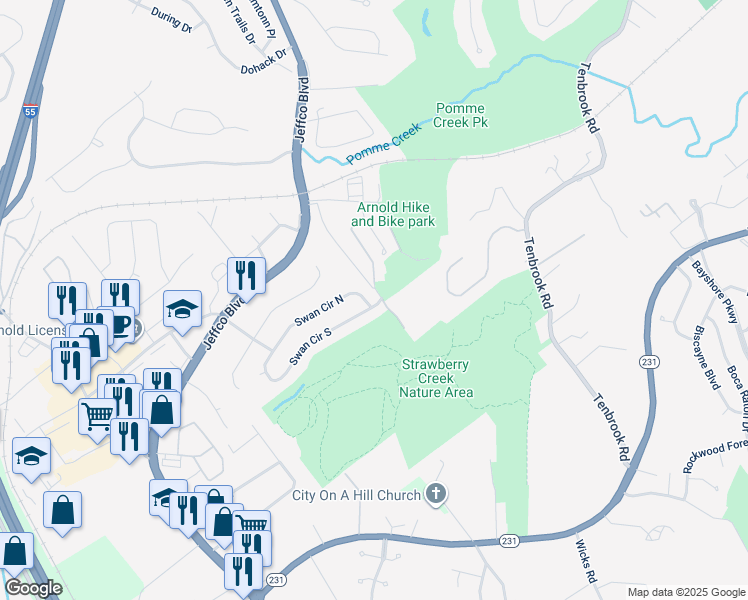 map of restaurants, bars, coffee shops, grocery stores, and more near 3403 Swan Circle South in Arnold