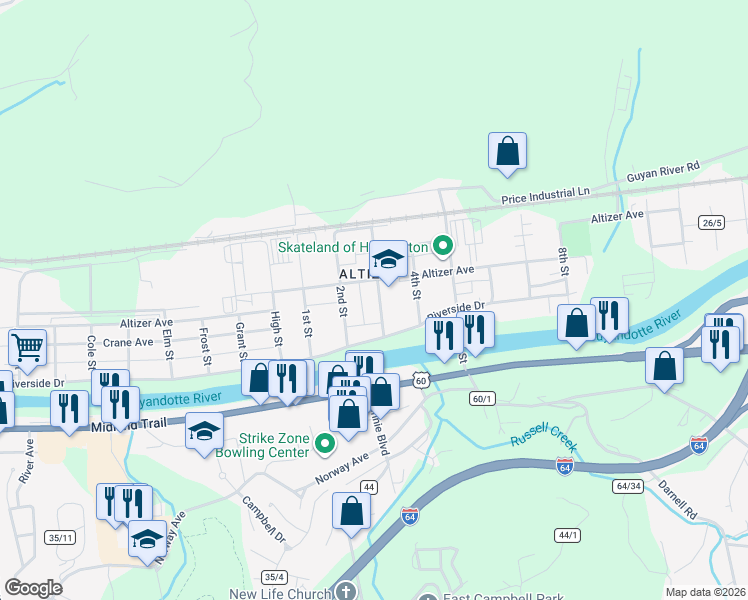 map of restaurants, bars, coffee shops, grocery stores, and more near 221 3rd Street in Huntington