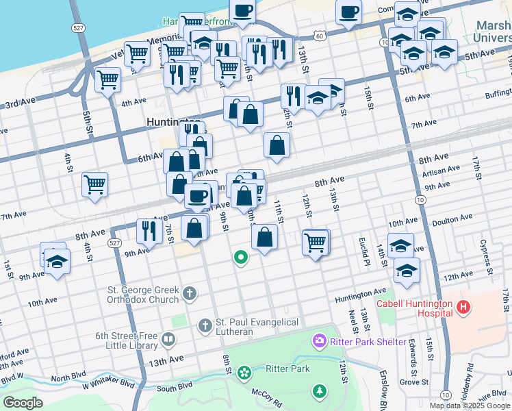 map of restaurants, bars, coffee shops, grocery stores, and more near 1007 8th Avenue in Huntington
