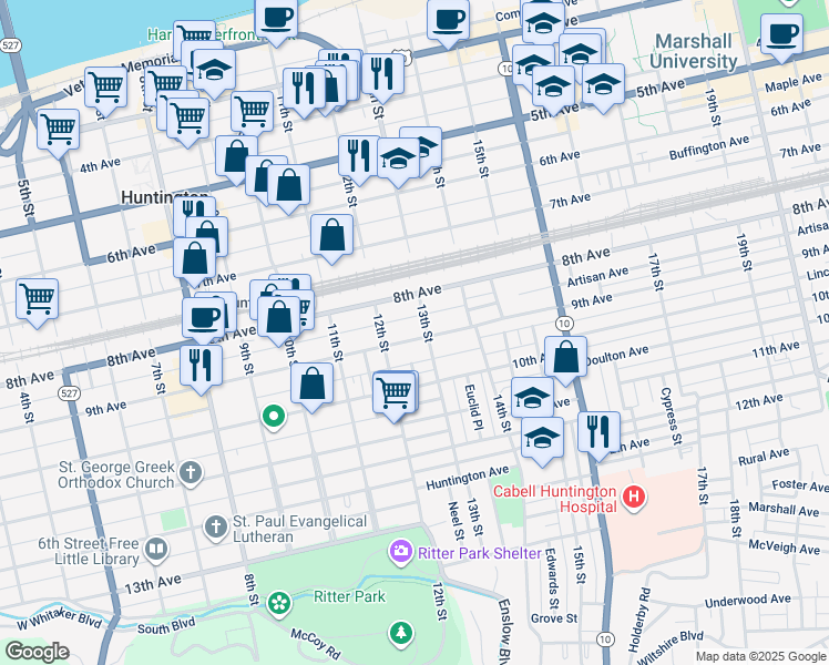 map of restaurants, bars, coffee shops, grocery stores, and more near 1234 9th Avenue in Huntington