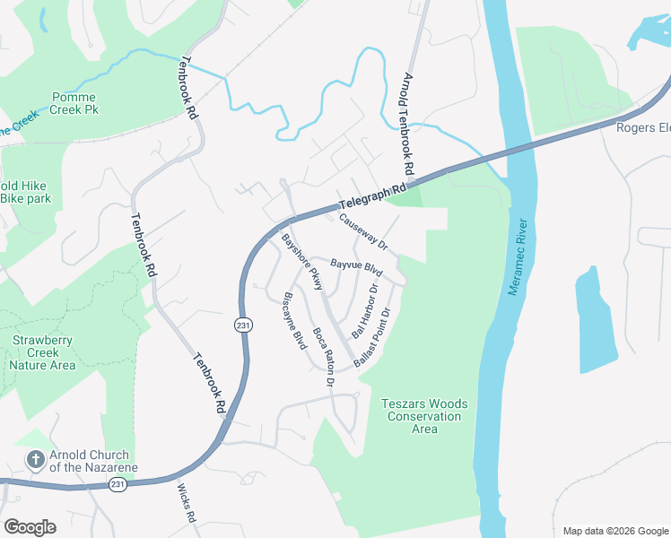 map of restaurants, bars, coffee shops, grocery stores, and more near 3262 Bayvue Boulevard in Arnold