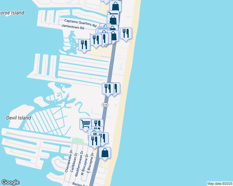 map of restaurants, bars, coffee shops, grocery stores, and more near 10300 Coastal Highway in Ocean City