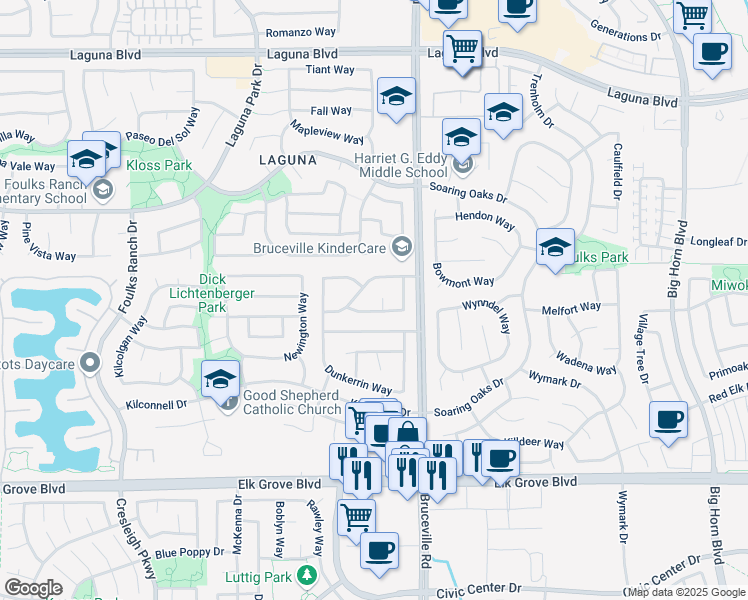 map of restaurants, bars, coffee shops, grocery stores, and more near 7213 Saltgrass Way in Elk Grove
