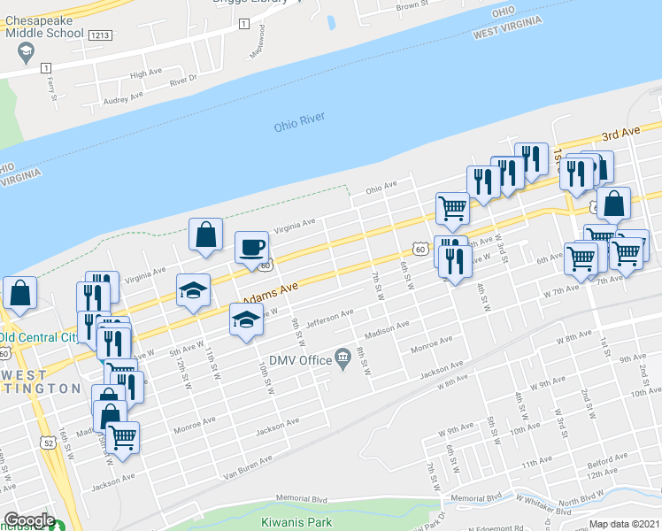 map of restaurants, bars, coffee shops, grocery stores, and more near 433 8th Street West in Huntington
