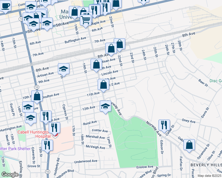 map of restaurants, bars, coffee shops, grocery stores, and more near 2044 11th Avenue in Huntington
