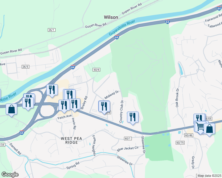 map of restaurants, bars, coffee shops, grocery stores, and more near 5252R Midway Dr in Huntington