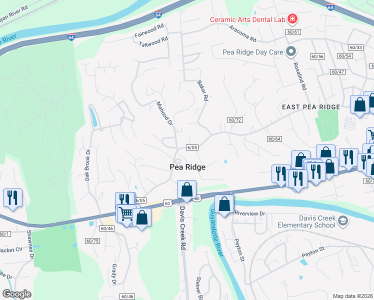 map of restaurants, bars, coffee shops, grocery stores, and more near 5911 East Pea Ridge Road in Huntington