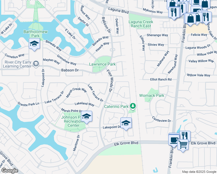 map of restaurants, bars, coffee shops, grocery stores, and more near 3761 Glacier Park Way in Elk Grove