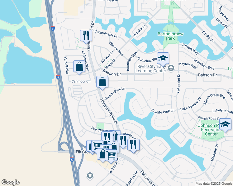 map of restaurants, bars, coffee shops, grocery stores, and more near 2602 Granite Park Lane in Elk Grove