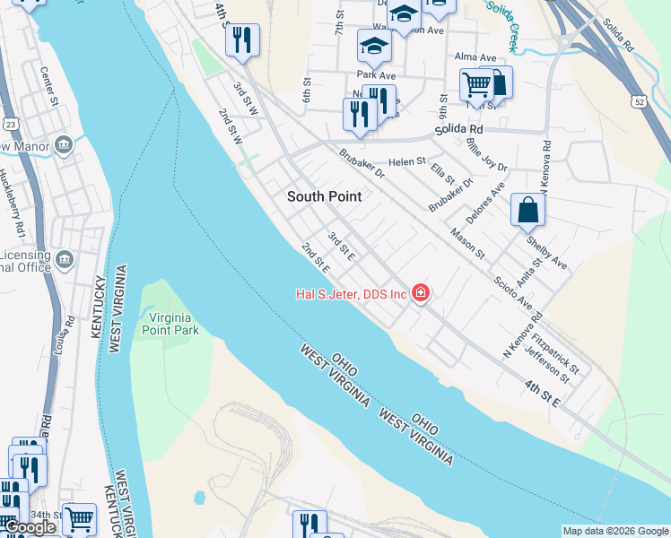 map of restaurants, bars, coffee shops, grocery stores, and more near 609 2nd Street East in South Point