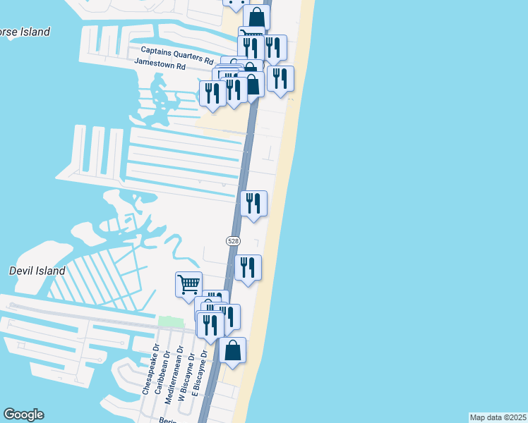 map of restaurants, bars, coffee shops, grocery stores, and more near 10300 Coastal Highway in Ocean City