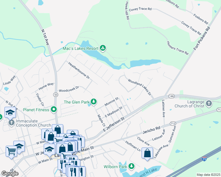 map of restaurants, bars, coffee shops, grocery stores, and more near 409 Chestnut Avenue in La Grange