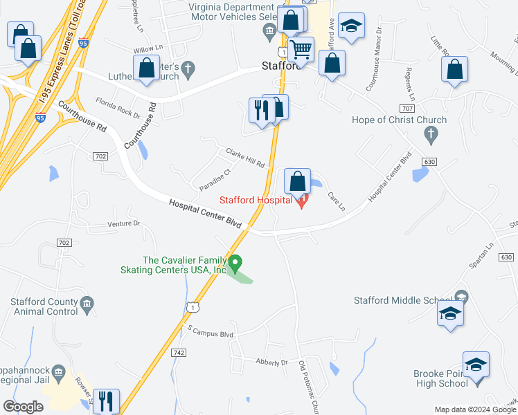 map of restaurants, bars, coffee shops, grocery stores, and more near 1999 Jefferson Davis Highway in Stafford