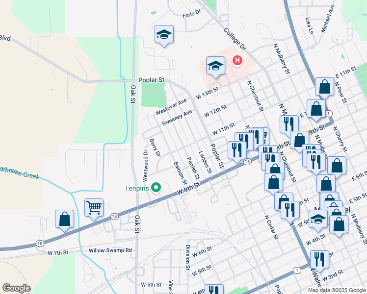 map of restaurants, bars, coffee shops, grocery stores, and more near 1100 Parrish Street in Mount Carmel