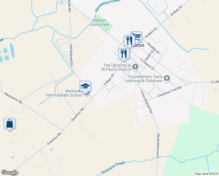 map of restaurants, bars, coffee shops, grocery stores, and more near 104 Connaway Street in Hebron