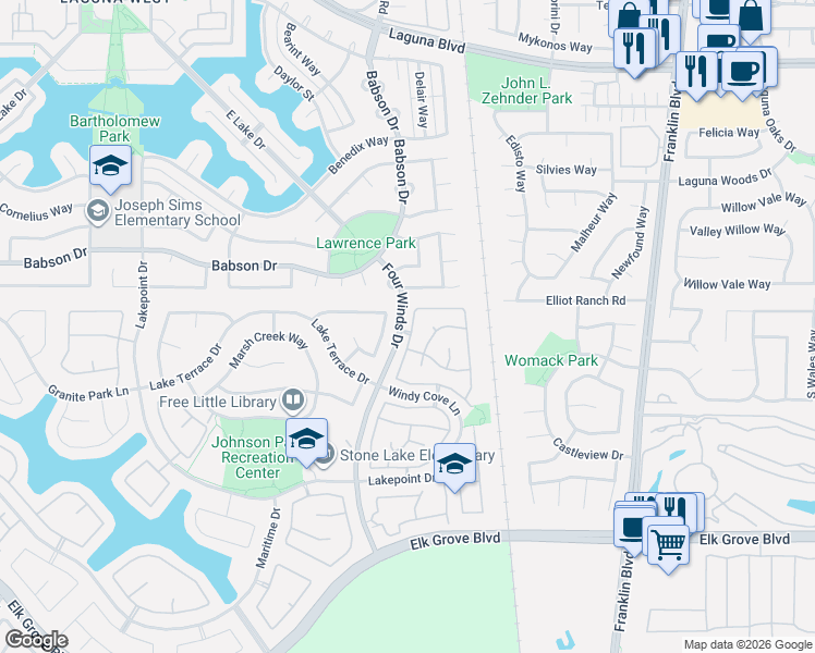 map of restaurants, bars, coffee shops, grocery stores, and more near 9428 Windy River Lane in Elk Grove