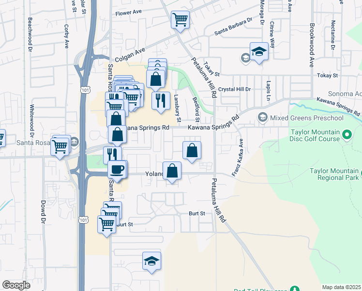 map of restaurants, bars, coffee shops, grocery stores, and more near 2368 Meadow Way in Santa Rosa