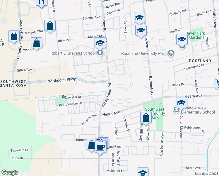 map of restaurants, bars, coffee shops, grocery stores, and more near 2428 Edgewater Drive in Santa Rosa