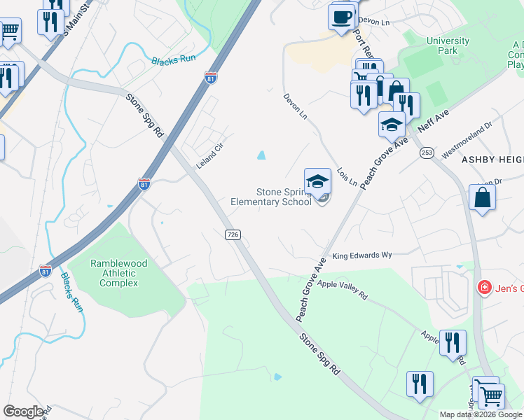 map of restaurants, bars, coffee shops, grocery stores, and more near 1830 Manor Drive in Harrisonburg