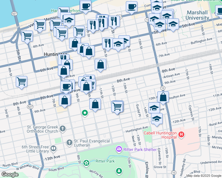 map of restaurants, bars, coffee shops, grocery stores, and more near 837 12th Street in Huntington